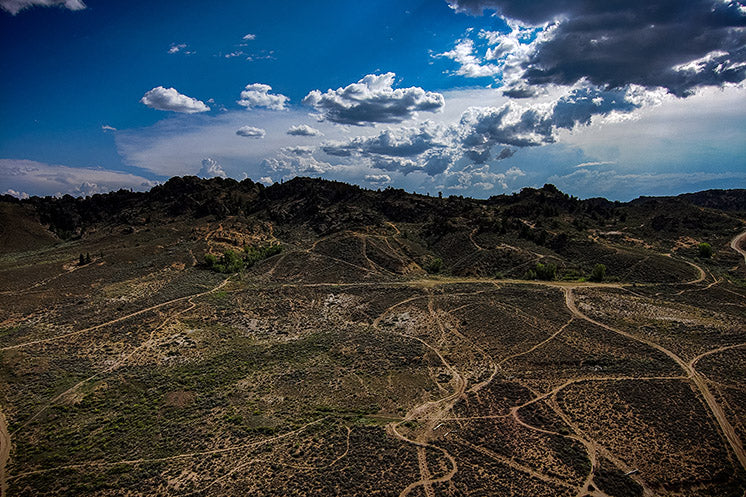Spiderweb of trails show from drone