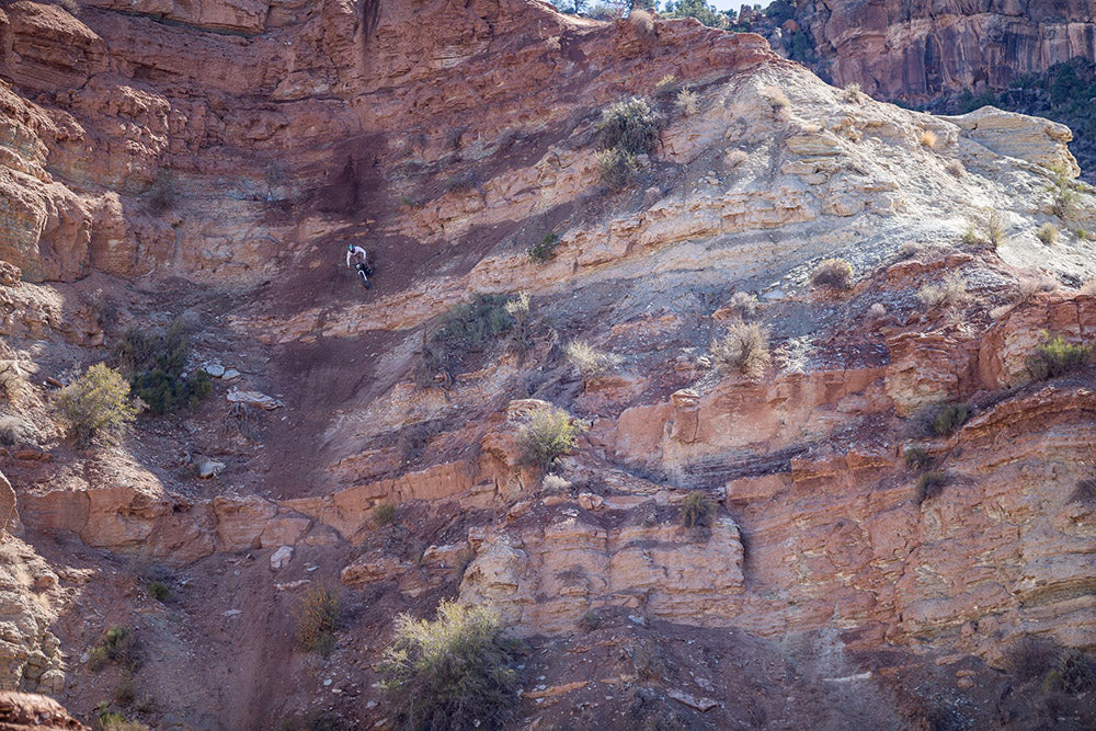 Cam Zink rides the sheer vertical chute at the 2021 Red Bull Rampage