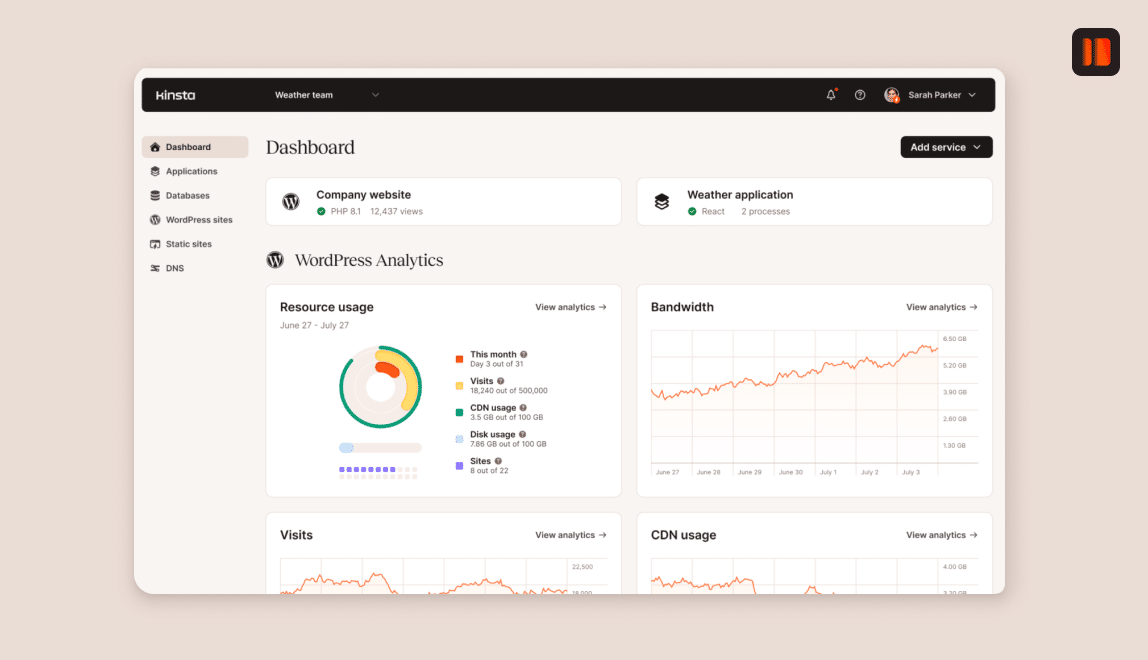 El panel de MyKinsta muestra varias tablas y gráficos basados en los datos del sitio.