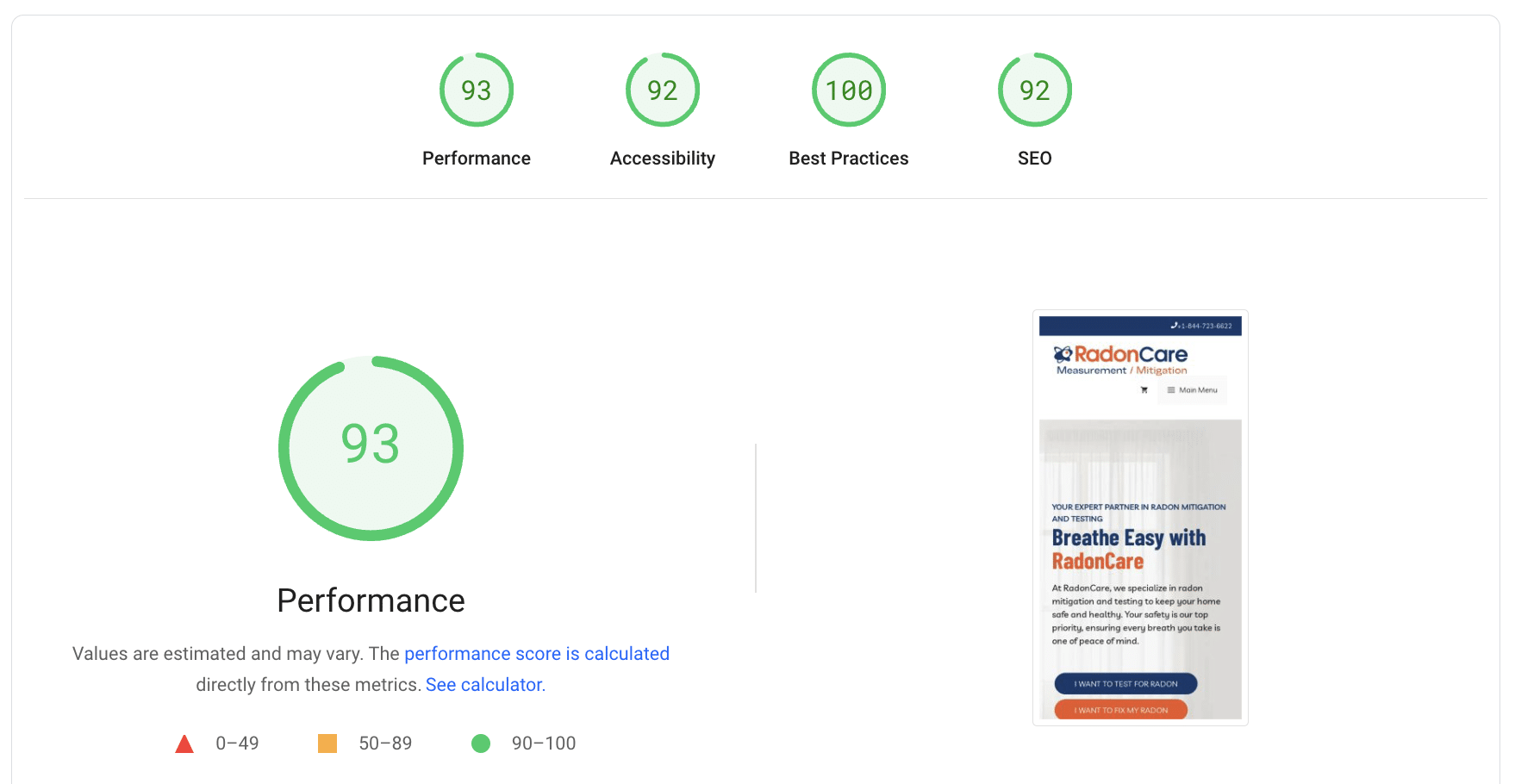 Métricas PageSpeed mejoradas del sitio de un cliente de YEG Digital